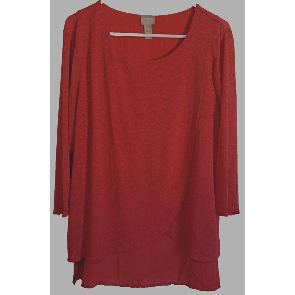 Chico's 3 (XL) Women's Red 3/4 Sleeve Textured Scoop Neck Layered Tunic Top